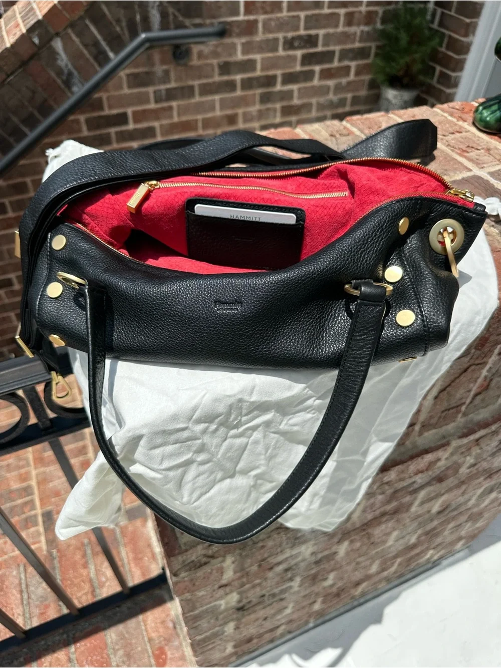 Hammitt, Large Daniel,Black Pebbled Leather Satchel. Red suede interior. NWT